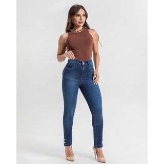 Calça Feminina C/ Detalhes em Botões na Barra - Cigarrete - Black Jeans - Denim Escuro