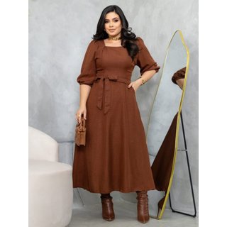 Vestido Midi Soltinho Manga 3/4 Elegante Social Moda Evangélica Marrom