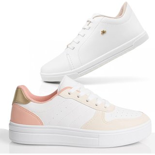 Kit Tênis Feminino Branco Sneakers Tratorado Clean Fashion c/Dourado Confortável