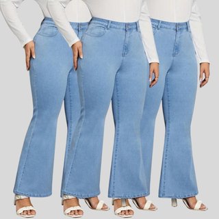 Kit 3 Calça Flare Plus Size Feminina Tex Jeans Boca de Sino Cintura Alta Modeladora com Elastano Azul Claro