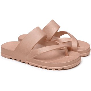 Chinela Feminina Anna Andrade Flat Casual Sandália Slide Moderna Estilosa Conforto Metalizada Rosê
