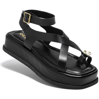Sandália Feminina Plataforma Flat ABS Dourado Fivela Rasteira Confortável Original Olzzy Preto