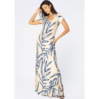 Vestido Longo Malha Gola Canoa Manga Curta Bambu Azul