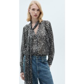 Blusa Mango Reta Leopardo Com Laço Cinza