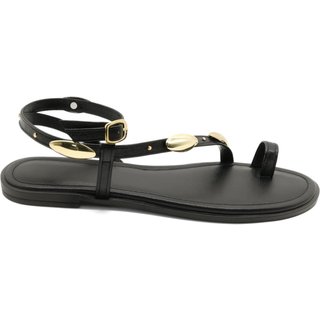 Rasteira Feminina Baixa Tiras Delicadas Detalhes Dourados Flor da Pele 309 Preta