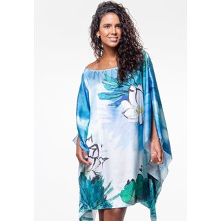 Vestido Kaftan Curto Cetim Crepe Estampado EXCLUSIVO Flor Lotus Aquarelado Azul Verde