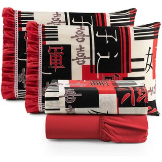 Jogo Cama Lençol Fiore Casa Scarpa Casal Padrão Estampado 180 Fios 100% Algodão com Babadinho 4 Peças Vermelho Oriental Japonês