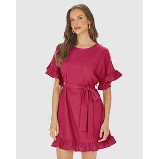 Vestido Feminino Babados Com Cinto Em Viscolinho