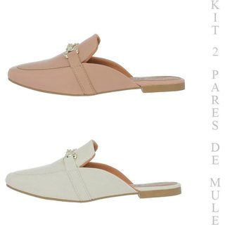 Mule Kit 2 Pares Sapato Sapatilha Bico Quadrado Rasteira 132 Nude/Bege