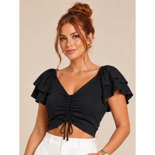 Blusa Ombro a Ombro Franzida Feminina Lapetry Delicada Moda Casual Preto