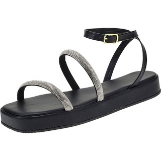 Sandalia Fem Flatform Strass Moda Conforto Preto