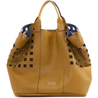 Bolsa Feminina Em Couro Alça De Mão Mostarda Com Azul "Eva Barros"""