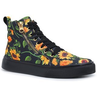 Sneaker Tênis Casual Botinha Feminina Cano Alto Sola Alta Emborrachada Zíper Lateral Amarração Preto/Amarelo