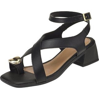 Sandália Feminina com Salto Quadrado Detalhe Dourado Preto