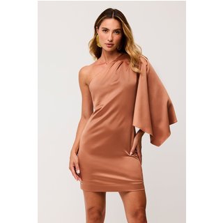 Vestido Curto Liso Acetinado Com Manga Única Marrom Tâmaras Charry