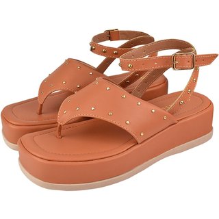 Sandália Plataforma Feminina Chinelo Donatella Shoes Macio Confortável Flatform Hotfix Rebite Spike Caramelo