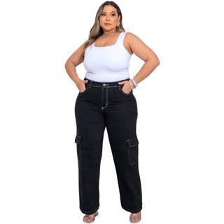 Calça Feminina Jeans Light Cargo Plus Size Preto Linha Invertido Branco
