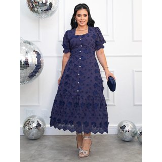 Vestido Elegante Manga Princesa Longo Rodado de Festa Casamento Convidada Algodão Bordado Azul Marinho