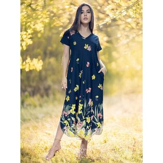Vestido Midi Abapã Malha com Bolso Floresce Azul