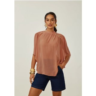 Blusa Maria Valentina Solta Decote Canoa Manga Curta Padrão Marrom