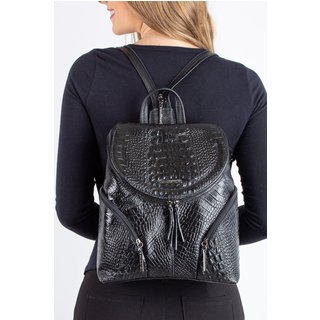 Mochila pequena de couro croco metais grafite Cecília - Preto