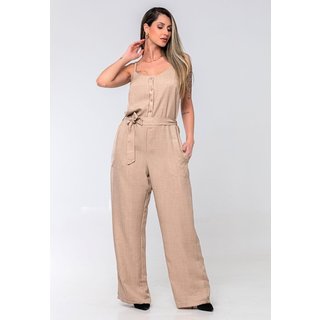 Macacão Feminino Pantalona Alfaitaria Botoes Frontal De Alcinha Com Ajuste na Cintura Amaraçao Duna Linho - BEGE