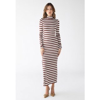 Vestido Longo Levosch Gola Alta Fenda Lateral Ribana Premium Listrado Marrom