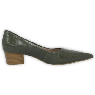 Scarpin Bico Fino em Couro Salto Grosso 4 CM Croco Verde Spinelli
