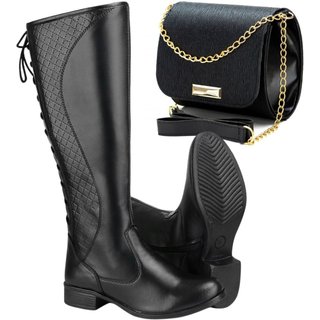 Kit Bota Feminina Cano Alto Montaria Salto Baixo + Bolsa Transversal