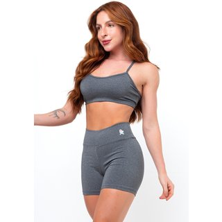 Conjunto Fitness Top Alça Short Legging Cós Alto Feminino Liso Academia - Cinza