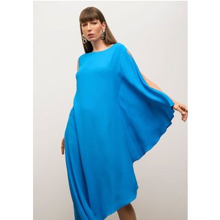 Vestido Iódice Solto Decote Canoa Manga Longa Midi Azul