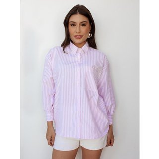 Camisa Feminina Listrada Clássica Manga Longa Alfaiataria Rosa