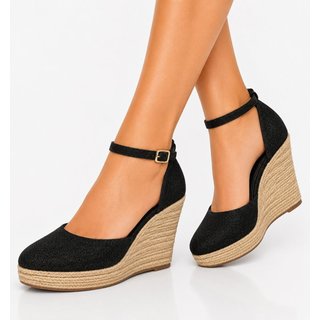 Sandália Feminina Sete Sales Salto Anabela Com Corda Nobucado Preto 3009