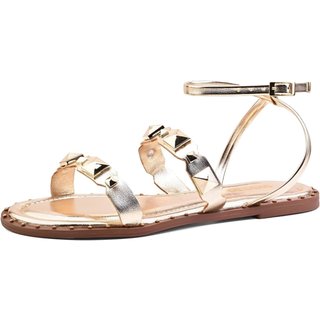 Sandália Feminina Rasteirinha Dourada Ouro Light Tachas Santa Rosa
