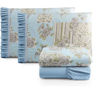 Jogo Cama Lençol Fiore Casa Scarpa Casal Padrão Estampado 180 Fios 100% Algodão com Babadinho 4 Peças Azul Floral