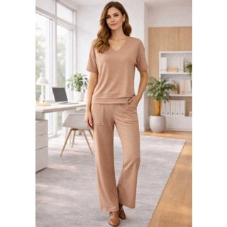 Conjunto Feminino Bege Pantalona e Blusa Decote V Soltinha Conforto Premium Look Moderno Versátil Elegância