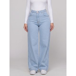 Calça Wide Leg Feminina Jeans Cintura Alta Ethereal Premium Solta Elegante Casual Delavê