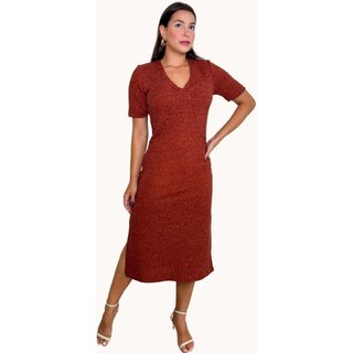 VESTIDO MIDI CANELADO COM FRANZIDO TERRA