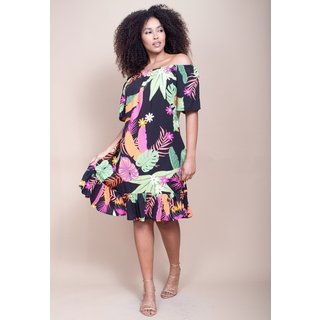 Vestido Curto Cabafree Mullet Ombro a Ombro Estampa Noite Botânica
