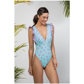 Maiô Feminino Estampado Poás com Decote Profundo e Babados nos Ombros