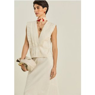 Blusa Maria Valentina Solta Decote V Sem Alça Padrão Off-white