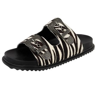 Sandalia Couro Animal Print Zebra Papete Lançamento Rasteira Fivela Agnes Veronez