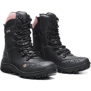 Bota Coturno Couro Motociclista Feminina Confortável Preto/Rosa 33 Preto