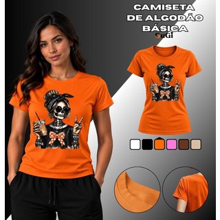 Camiseta Feminina Fashion Caveira Café 30.1 100% Algodão Laranja