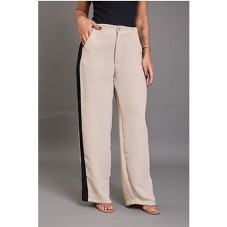Calça Pantalona Lemier com Faixa Lateral Cintura Alta Bege
