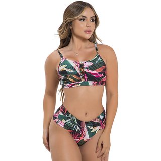 Biquíni Feminino Orla da Praia Top Cropped Com Bojo Removível Estampado Folhagem Verde e Vermelho