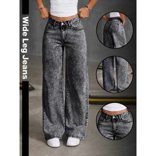 Calça Jeans Wide Leg Feminina Safira Moda Pantalona Grafite