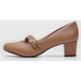 Scarpin Feminino Beira Rio Tiras Fivela Dourada Salto Baixo Nude