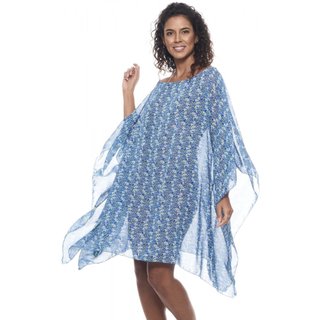 Saida de Praia Kaftan Vestido Amplo Bata Crepe Estampado Flores Azul