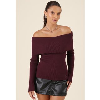 Blusa Pop Me Em Tricô Canelado Ombro A Ombro Manga Longa Bordô